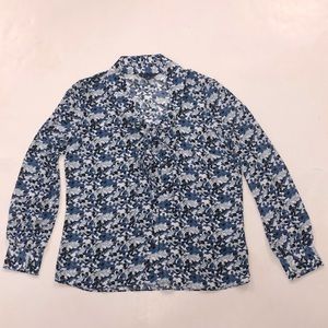 Brooks Brothers 10 Blue & White Floral Blouse Top Button Down Bow tie Excellent